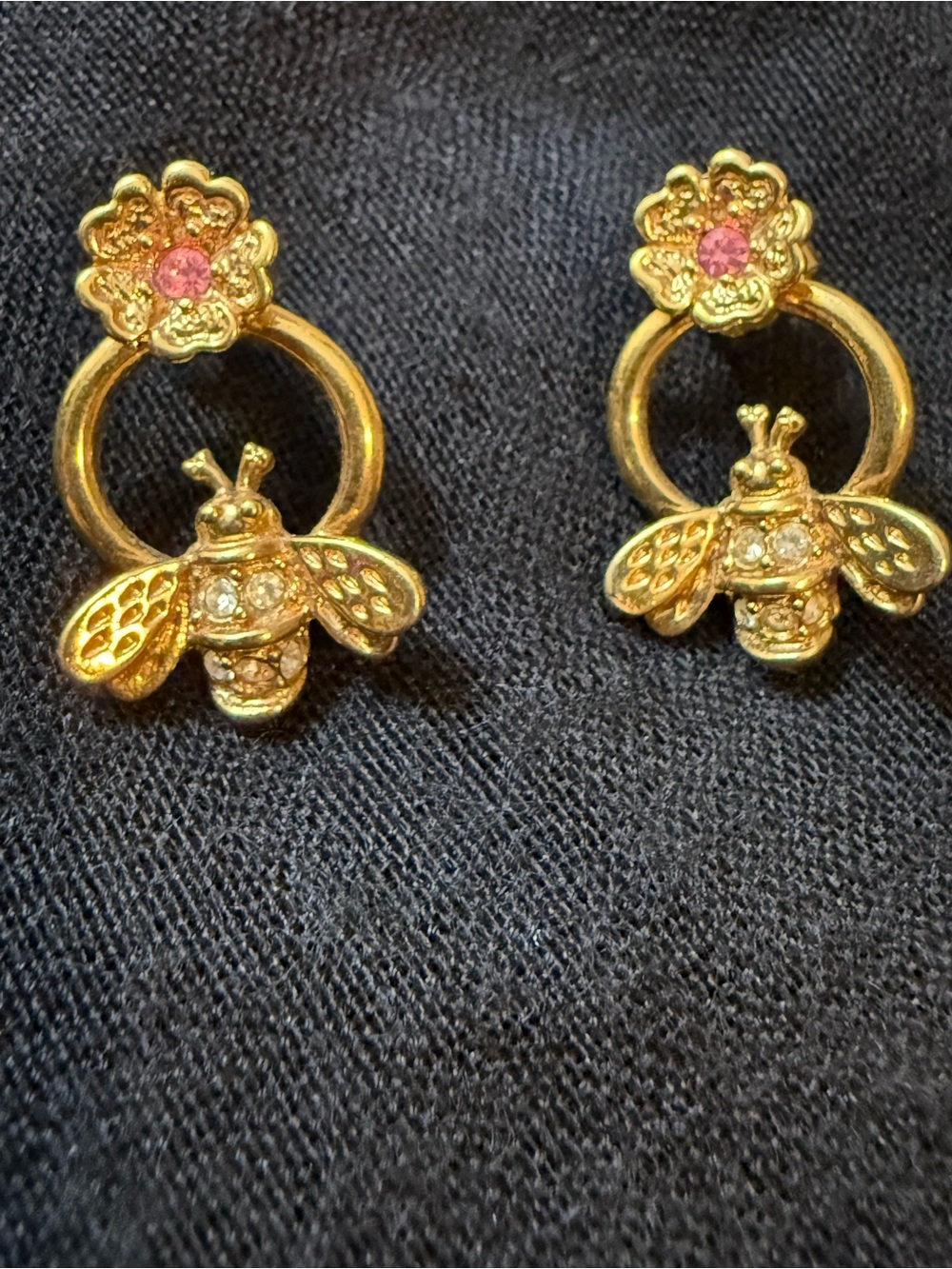 Avon Gold Bee Hoop Earrings with Pink Flower Accent